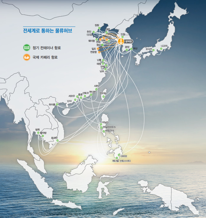 컨테이너 정기선의 13개항로를 국내지도로 각국 별 항로선을 약식으로 보여준 이미지, 하단에서 세부안내합니다.